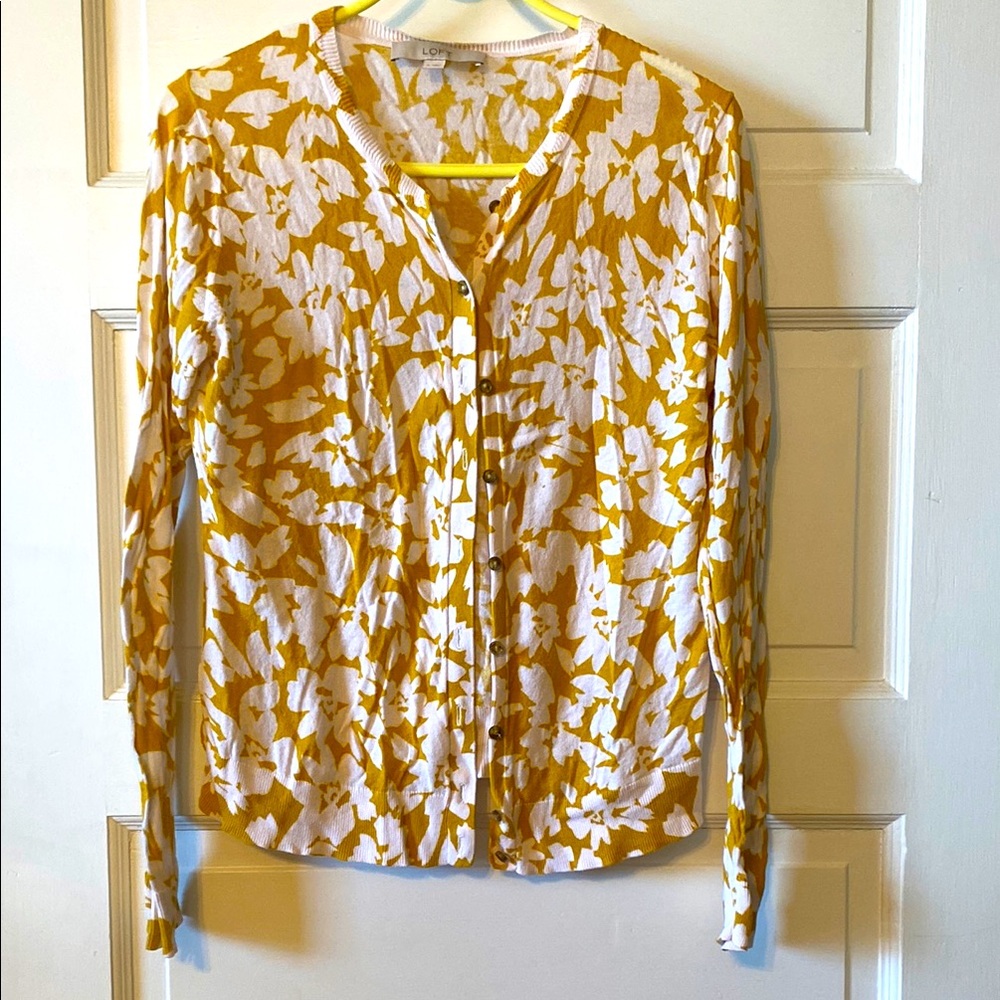 *BOGO closet deal* LOFT Mustard Floral Long Sleeve Cardigan 100% Cotton